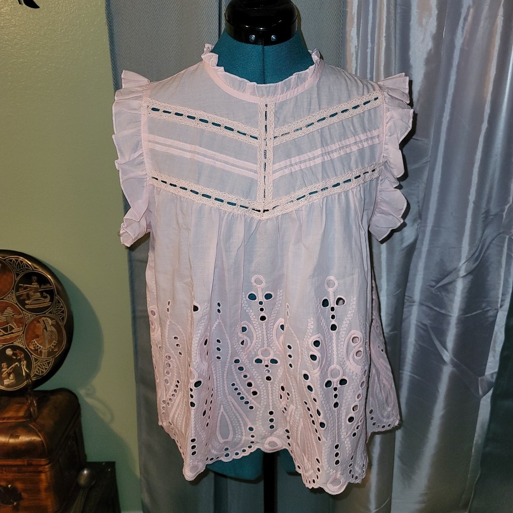 HONEY & T Lt Pink Sweet Cottagecore Sleeveless Top Lacey Eyelets Babydoll Style